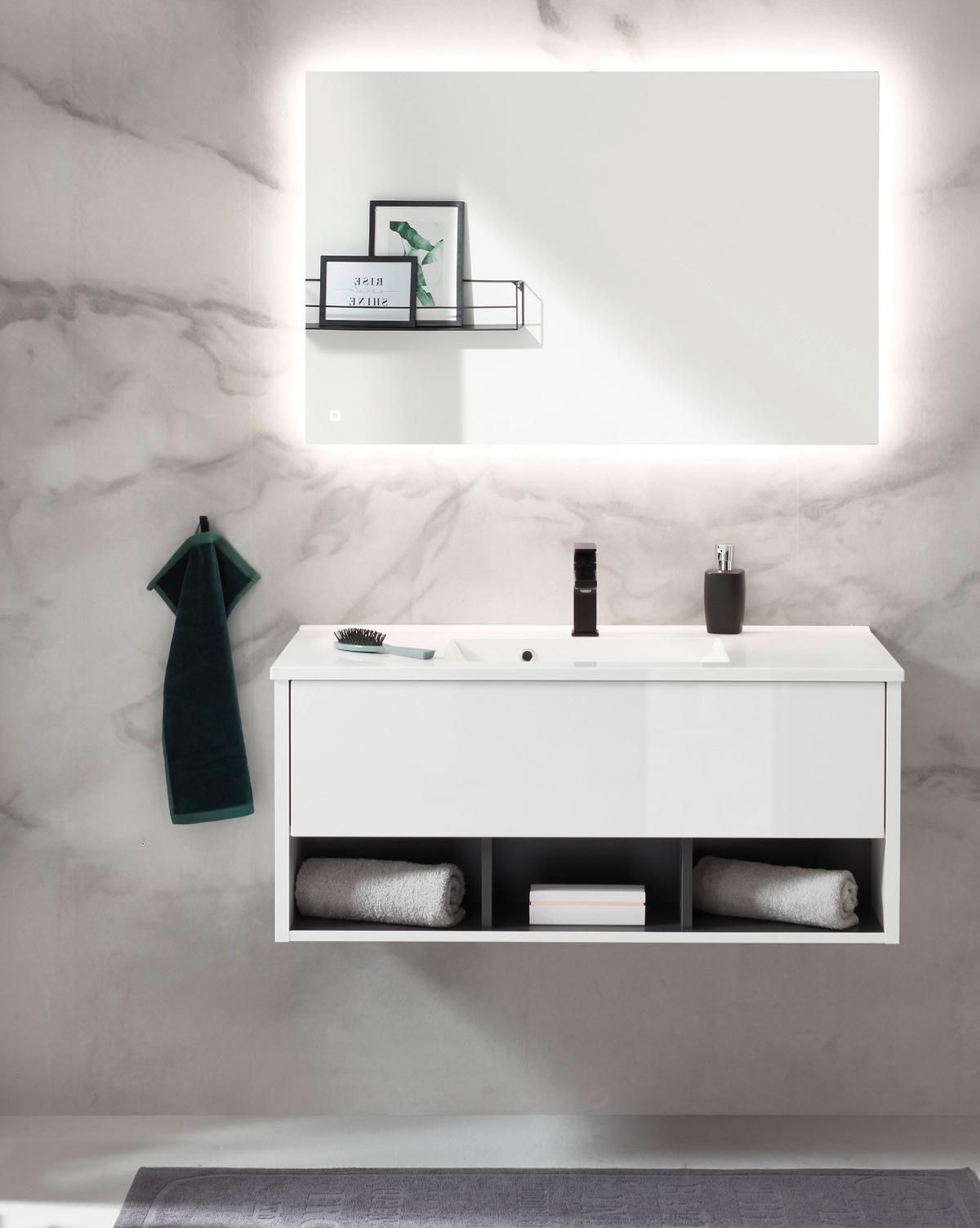 BADMÖBEL-SET weiß Hochglanz, grau 100 cm 2-teilig mit Waschbecken und LED Beleuchtung - Weiß Hochglanz/Grau, Glas/Holzwerkstoff (100/190/190cm) - Furn.Design