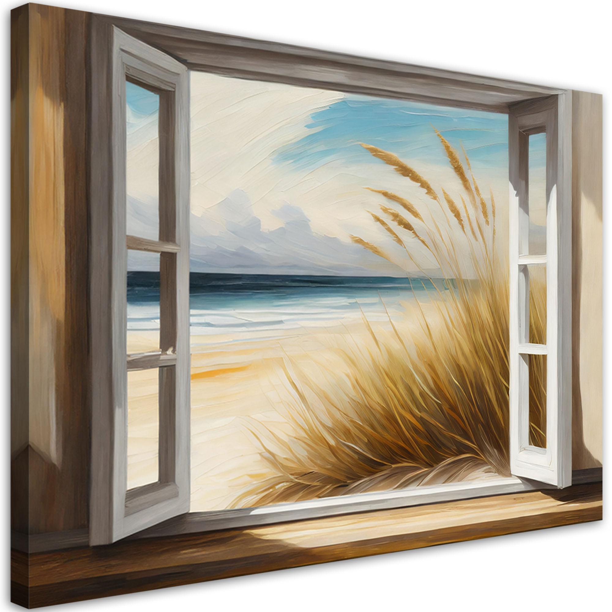 LEINWANDBILD Blick aus dem Fenster auf den Strand 90x60cm - Gelb, Textil (90/60cm) - Feeby
