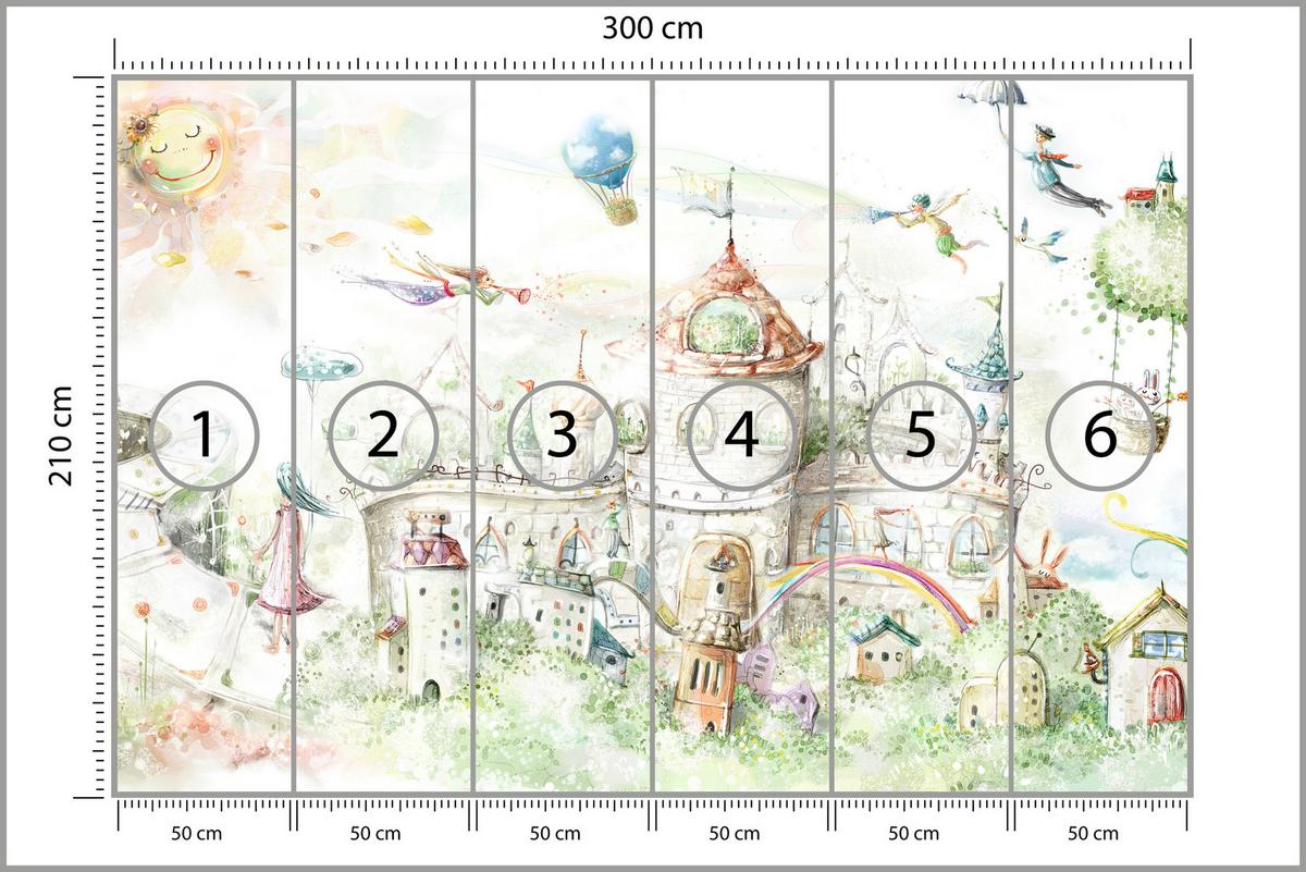 FOTOTAPETE für Kinderzimmer Märchenstadt Schloss Magisch 300x210 - Blau/Gelb, Papier (300/210cm) - Muralo