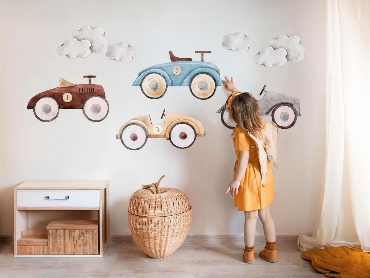 WANDAUFKLEBER 130x204cm - Pastellfarbene Autos - Multicolor, Kunststoff (130/204/0.1cm) - Wallfluent