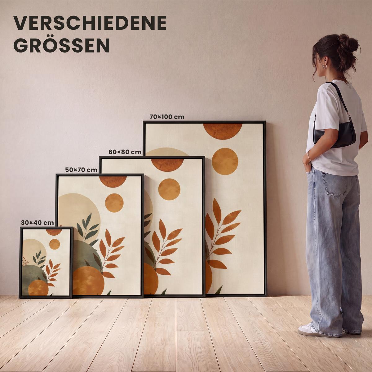 LEINWAND Bilder mit Rahmen - Formen - Rund - Blätter - Beige - 30x40 - Rostfarben, Textil (30/40cm) - MuchoWow