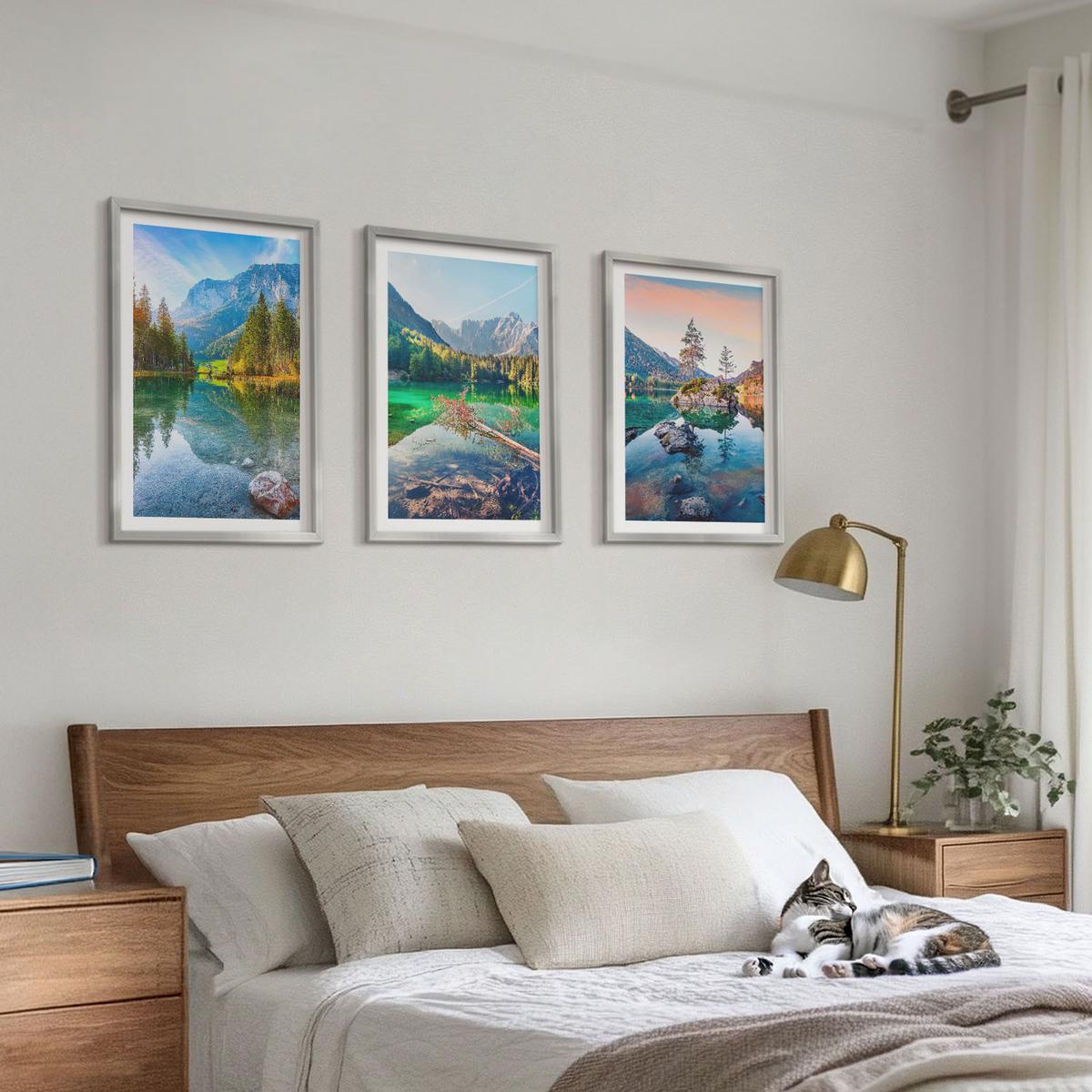 BILDER SET 3er Set - 40x60 cm Silberner Rahmen - Naturlandschaft der Bergseen - Silberfarben, Kunststoff (40/60cm) - TULUP