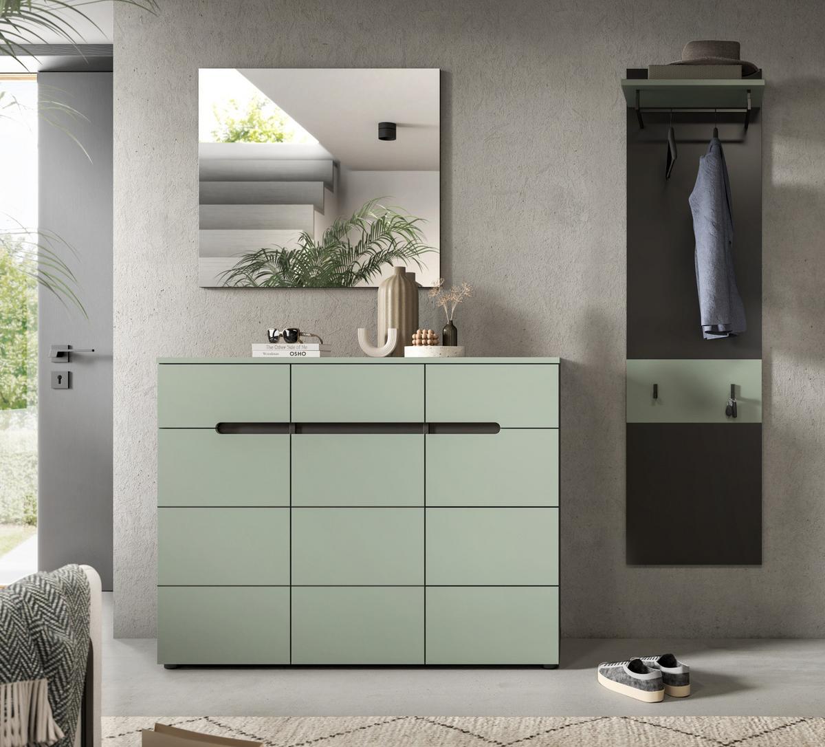 SCHUHKOMMODE Salbei Grün, Basalt Grau 120 cm, Flurkommode mit Soft-Close und Vollauszug - Salbeigrün/Schwarz, Holzwerkstoff/Kunststoff (120/94/37cm) - Inn.Furn