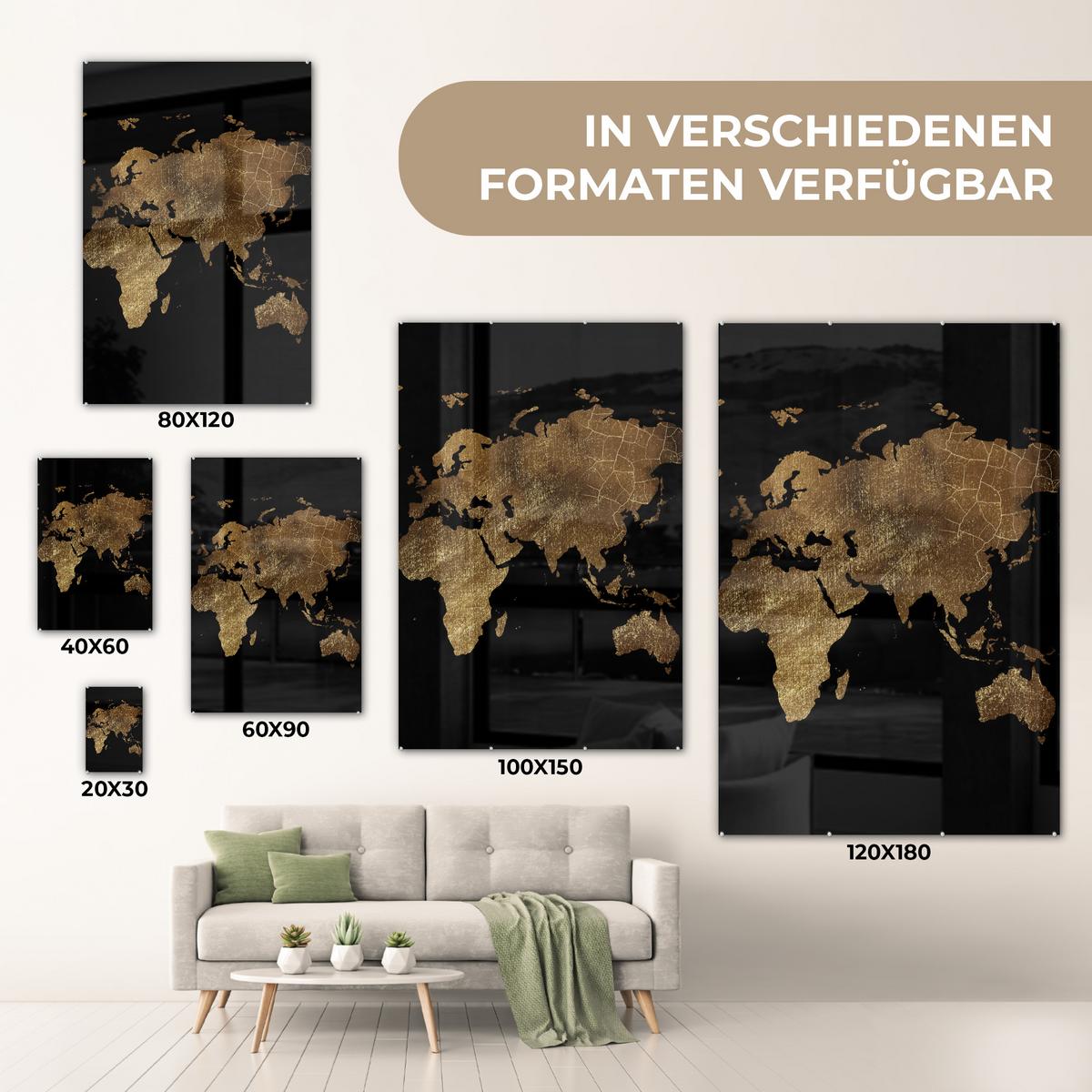 ACRYLGLASBILD Weltkarte - Gold - Luxus - Erde - Schwarz 80x120 cm - Goldfarben, Glas (80/120cm) - MuchoWow