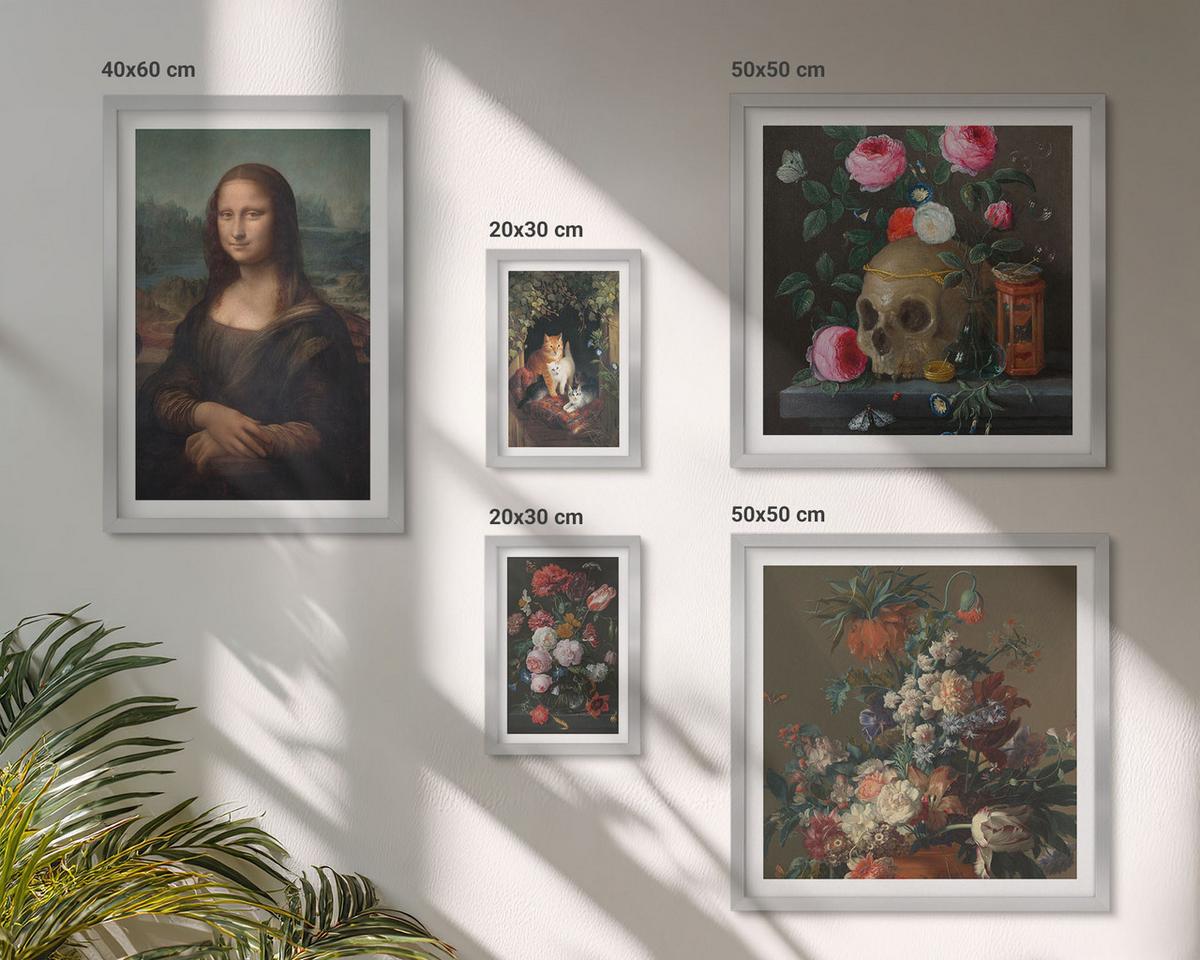 BILDER SET 5er Set - 50x50 cm & 20x30 cm & 40x60 cm Silberner Rahmen - Vintage Blumen Totenkopf Mona Lisa - Silberfarben, Kunststoff (40/60cm) - TULUP