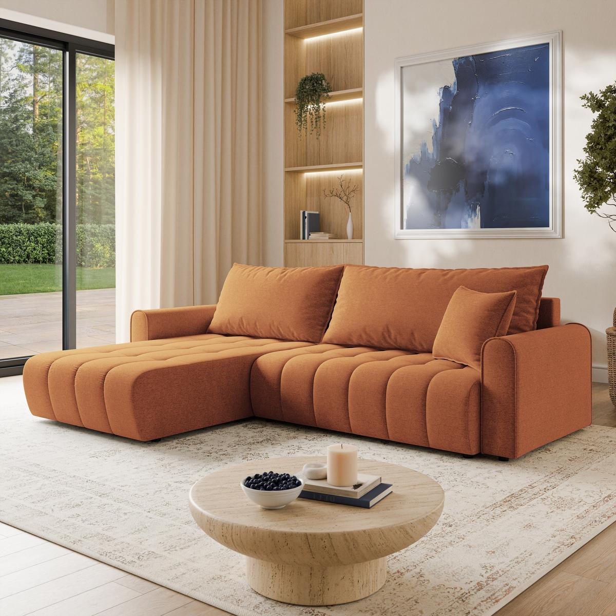 ECKSOFA FRIGA Orange Strukturstoff mit Schlaffunktion - Orange, Holz (283/185cm) - MASSENO