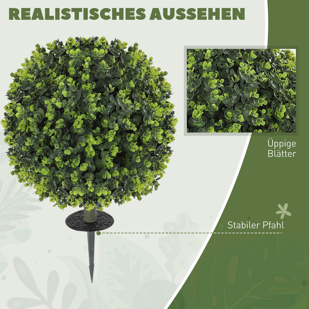2ER-SET Kunstpflanzen, Künstliche Buchsbaumkugeln mit Bodenpfahl, UV-Schutz Grün - Grün, Kunststoff (56cm) - HOMCOM