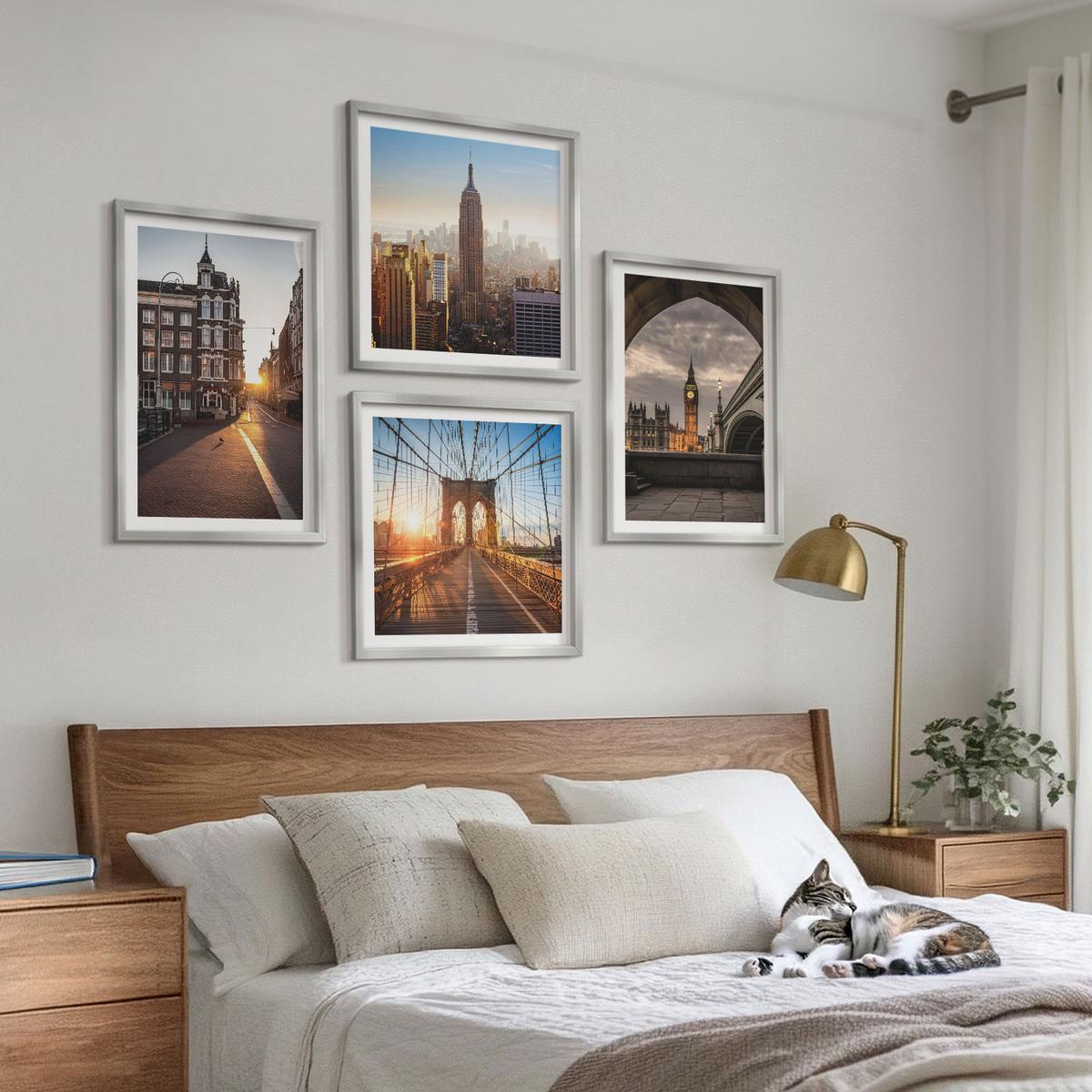 BILDER SET 4er Set - 50x50 cm & 40x60 cm Silberner Rahmen - London-Ansichtsgemälde-Set - Silberfarben, Kunststoff (50/50cm) - TULUP