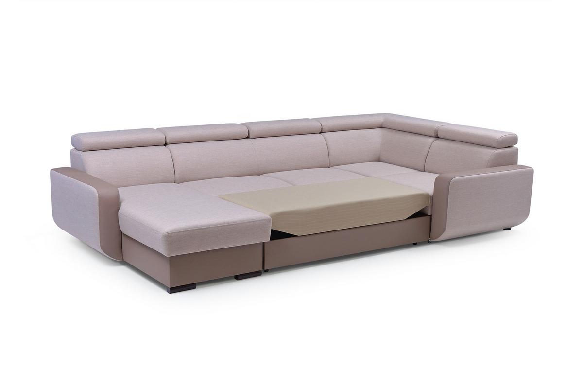 WOHNLANDSCHAFT PALAZZO Beige Geflochtener Stoff mit Schlaffunktion - Beige, Holz (337/97/184cm) - MASSENO