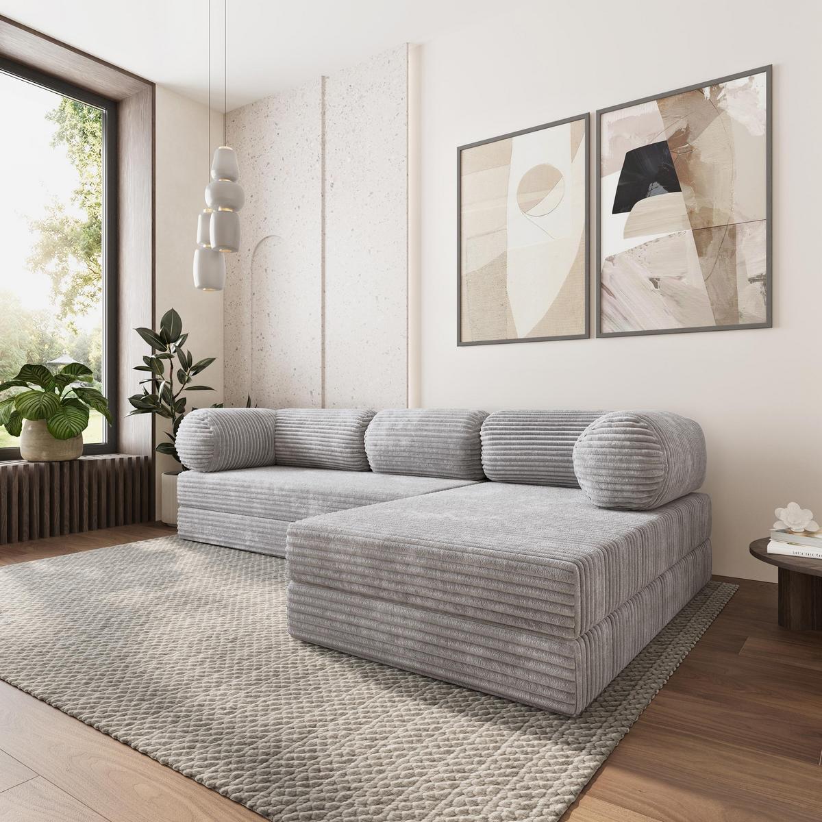 ECKSOFA ETERA modulares Boneless Sofa mit Schlaffunktion Hellgrau Kordstoff - Grau, Textil (270/160cm) - MASSENO