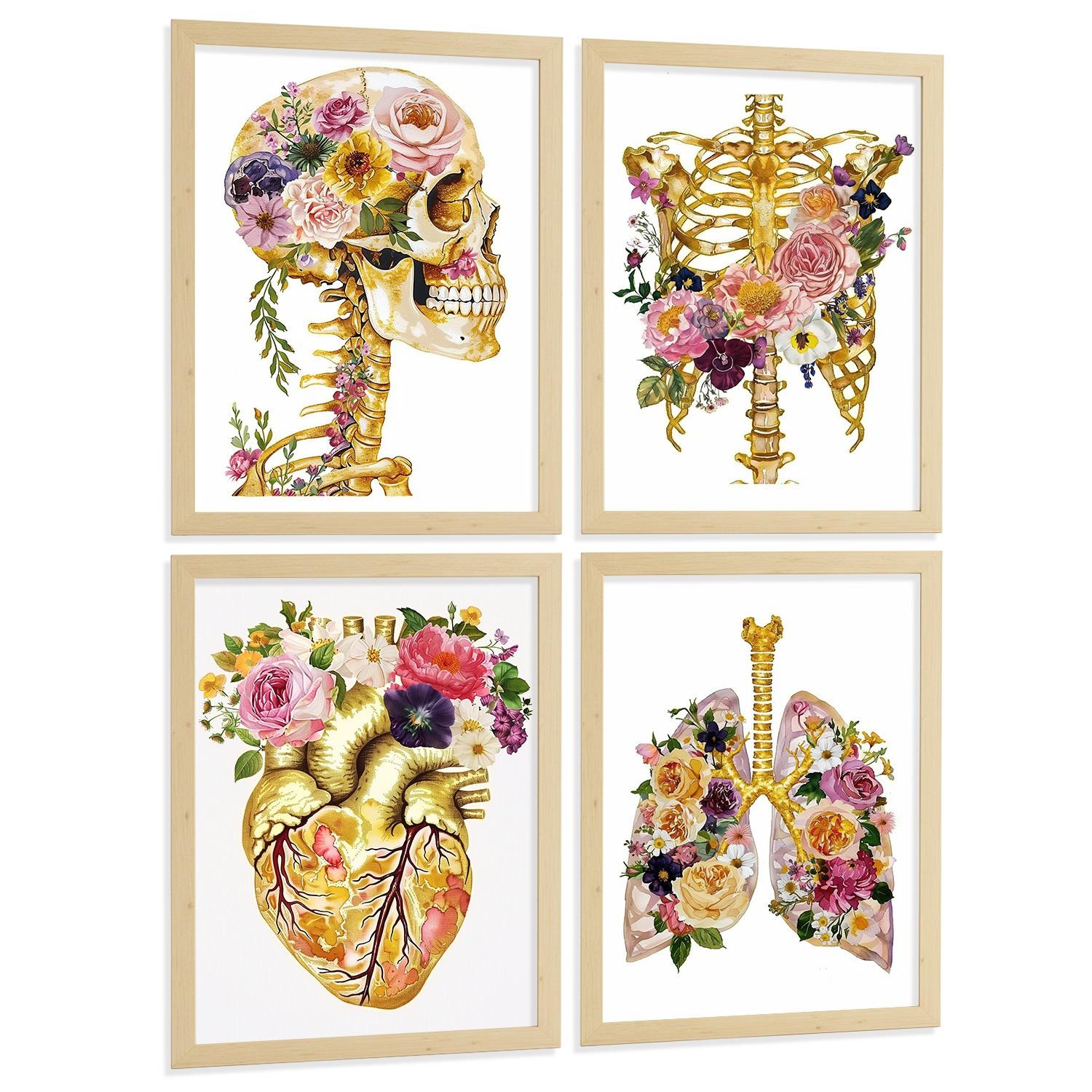 POSTER Set aus 4 Anatomie Mensch Drucke und Wandbilder mit Schädel Skelett Herz und Goldene Lungen Wanddekoration Größe Leichter Holzrahmen A4 - Beige, Papier (21/29.7/3cm) - Nacnic