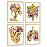 POSTER Set aus 4 Anatomie Mensch Drucke und Wandbilder mit Schädel Skelett Herz und Goldene Lungen Wanddekoration Größe Leichter Holzrahmen A4 - Beige, Papier (21/29.7/3cm) - Nacnic
