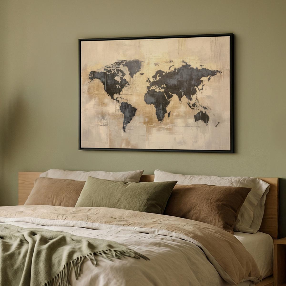 LEINWAND Bilder mit Rahmen - Weltkarte - Gold - Schwarz - Abstrakt - 100x70 - Kupferfarben, Textil (100/70cm) - MuchoWow