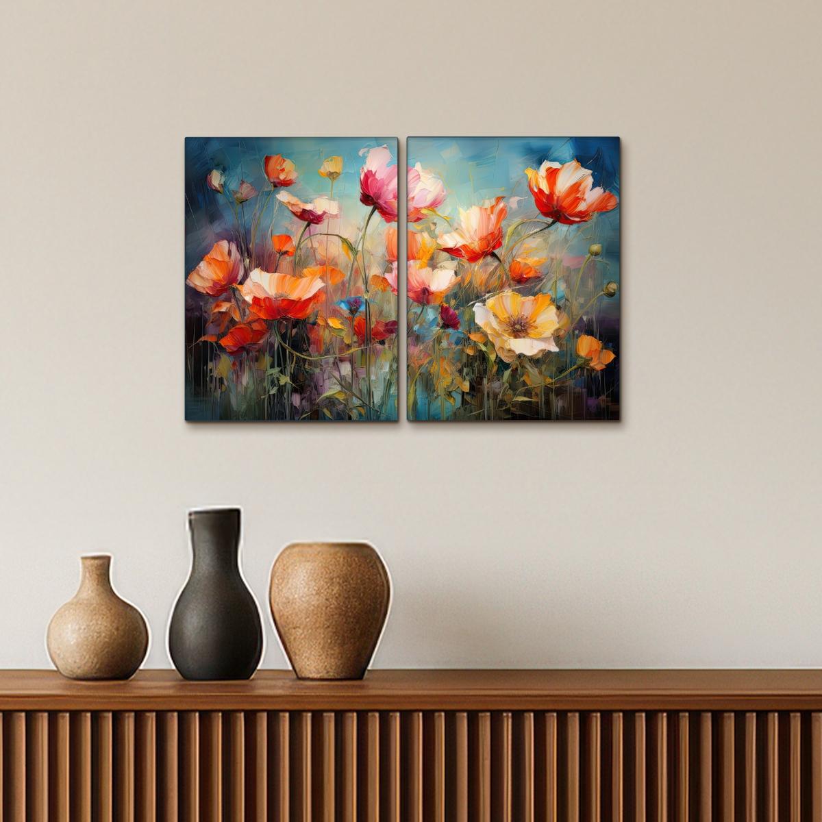 LEINWANDBILD 2er Set Blumen - Bunt - Abstrakt 60x40 cm - Blaugrau, Textil (60/40cm) - MuchoWow