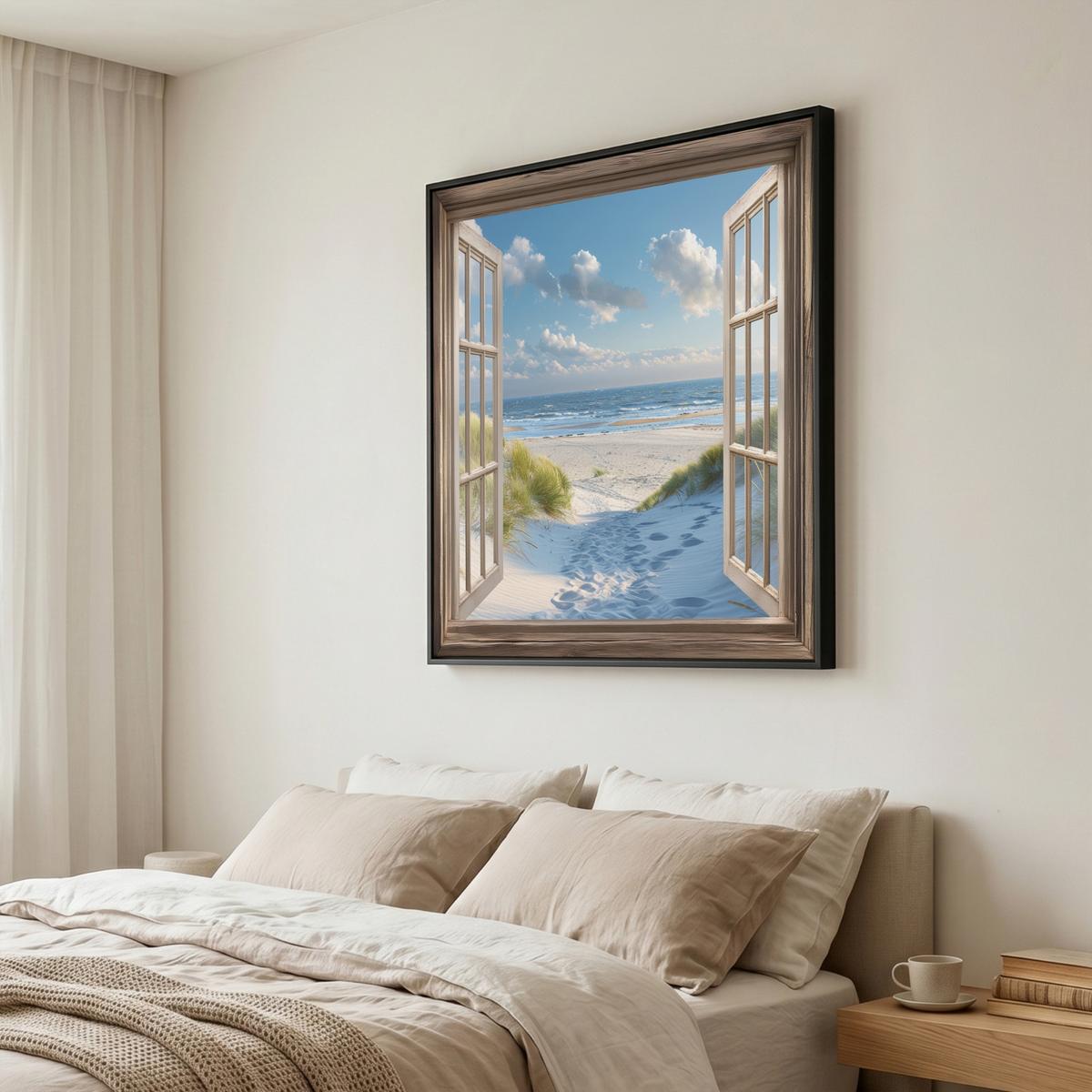 LEINWAND Bilder mit Rahmen - Aussicht - Strand - Fenster - Dünen - Meer - 90x90 - Hellblau, Textil (90/90cm) - MuchoWow