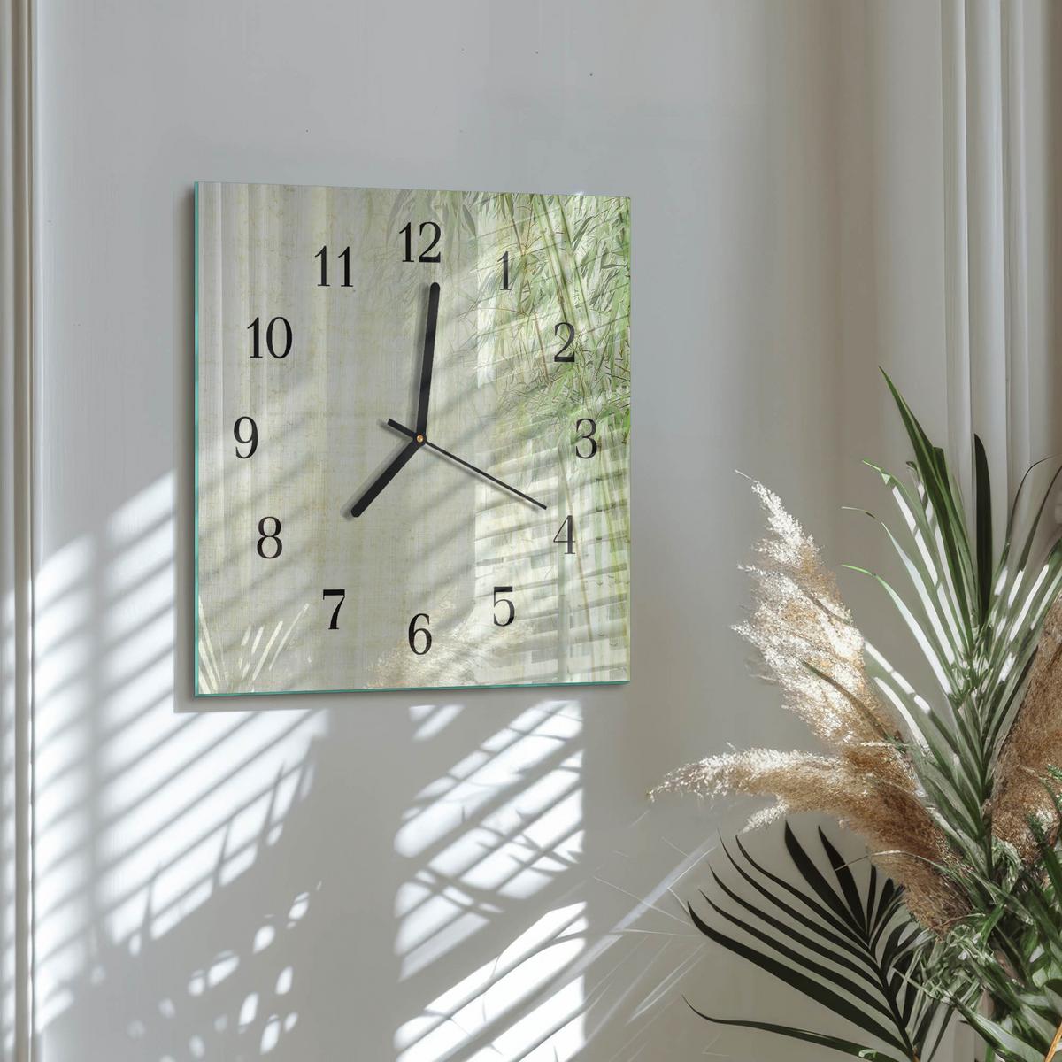WANDUHR aus Glas 30x30 cm - Bambuspflanze - Grün, Glas (30/30/0.4cm) - TULUP