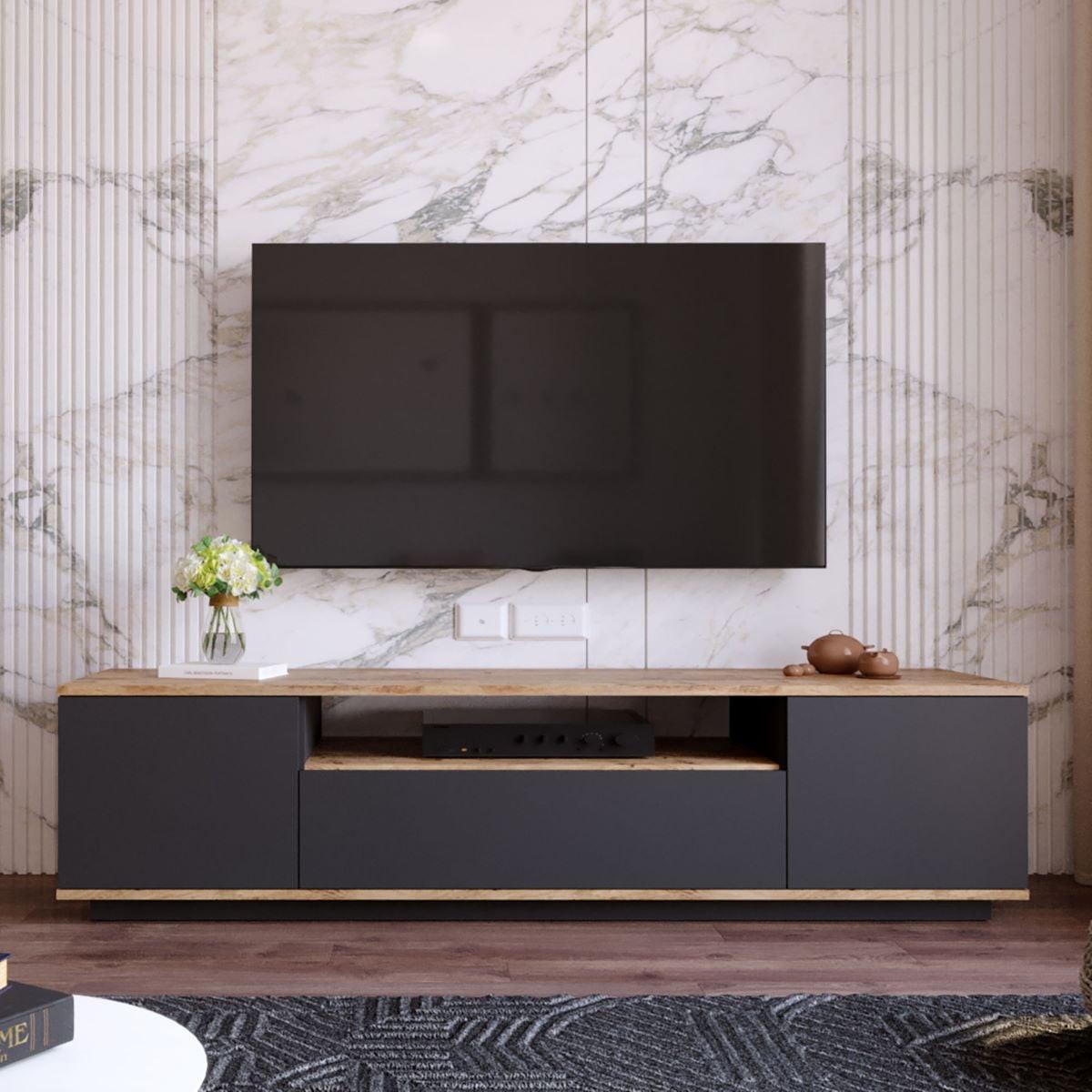 TV-BOARD - 180 cm x 44.5 cm - Holz, Platte - Anthrazitgrau, Naturfarben Hell LOTULA - Anthrazit/Naturfarben, Holz (180/44.6/44.5cm) - Vente-Unique