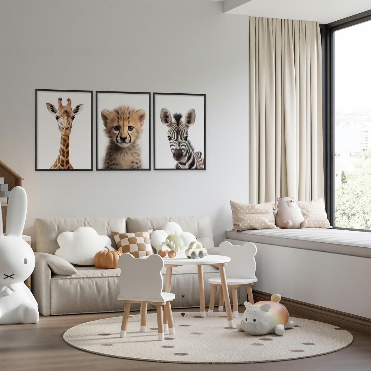 POSTER SET ohne Rahmen für Kinderzimmer WILDTIERE Giraffe Gepard Zebra A3 30x42cm - Gelb/Schwarz, Papier (30/42/1cm) - Muralo