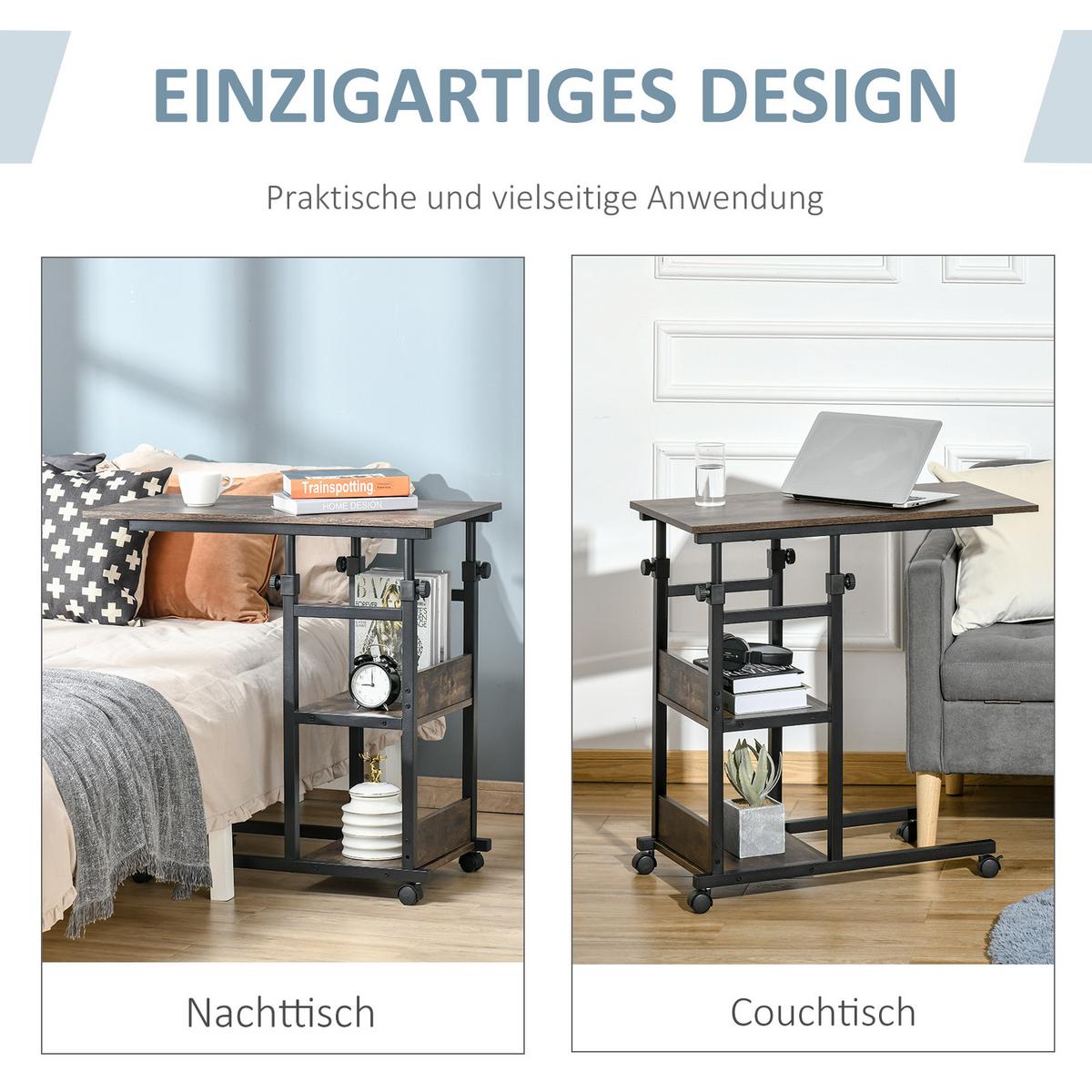 BEISTELLTISCH Couchtisch mit Rollen höhenverstellbar 2 untere Regale Esszimmer - Braun, Kunststoff (80/40/82cm) - HOMCOM