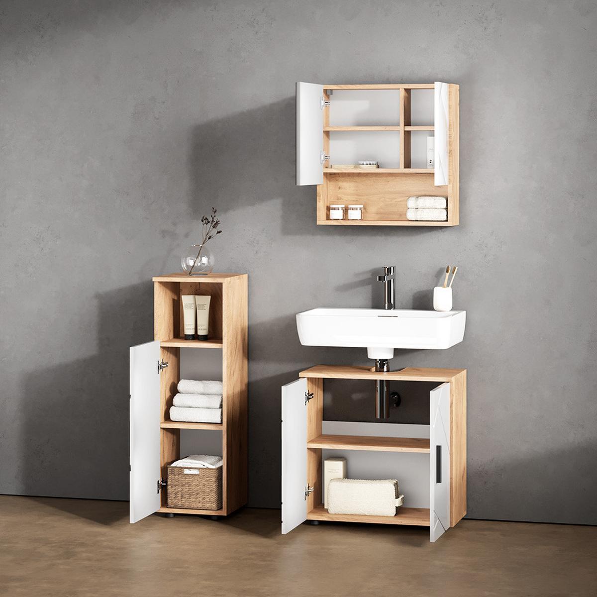 BADMÖBEL-SET Ronco Weiß Hochglanz/Goldkraft Eiche 3 Teile - Honigeiche/Weiß Hochglanz, Holzwerkstoff (60/59/30cm) - Livinity®