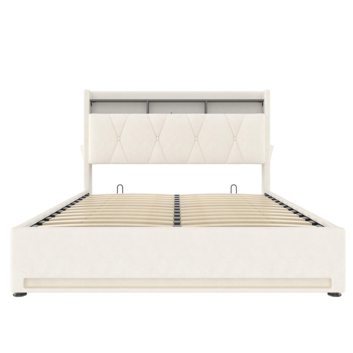 POLSTERBETT samt beige 160x200 cm mit led-beleuchtung, usb-c & stauraum-kopfteil - Beige, Textil (160/200cm) - Urban Meuble