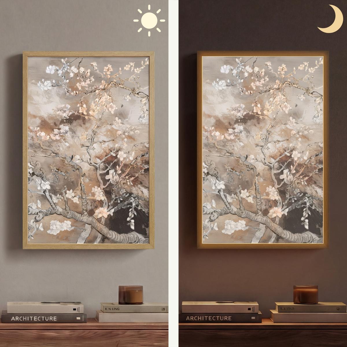 WANDLEUCHTE MIT AKKU Mandelblüte - Kunst - Van Gogh - Beige - Abstrakt 40x60 cm - Graubraun, Holzwerkstoff (40/60/8cm) - OnlyWow