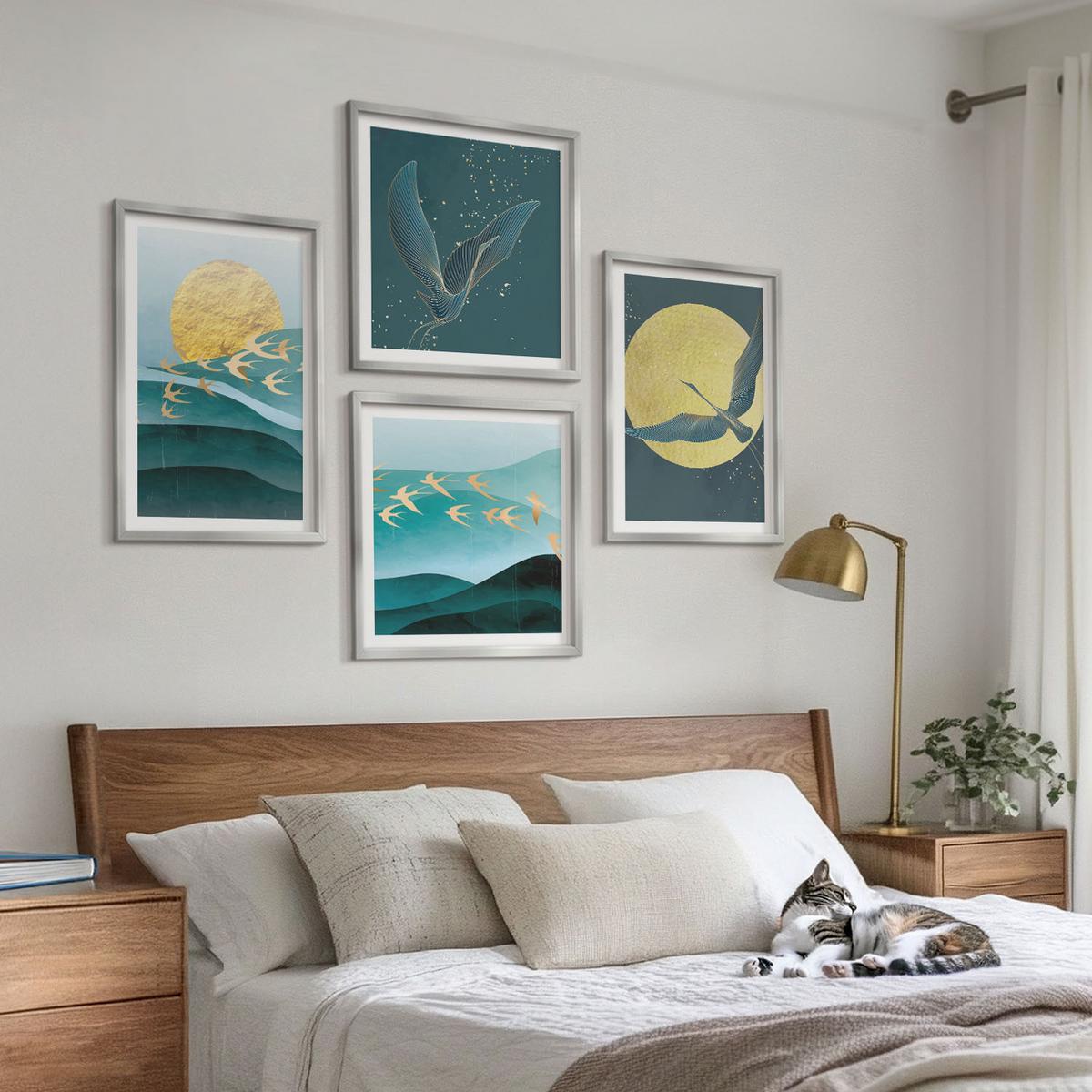 BILDER SET 4er Set - 50x50 cm & 40x60 cm Silberner Rahmen - Stilvolle Landschaften mit Vögeln - Silberfarben, Kunststoff (50/50cm) - TULUP