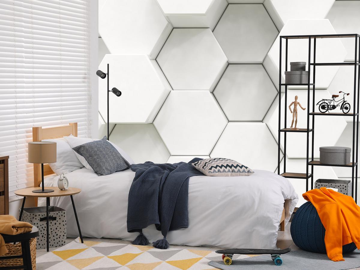 FOTOTAPETE für Wohnzimmer Hexagone Formen Geometrie 200x140 - Weiß/Grau, Papier (200/140cm) - Muralo