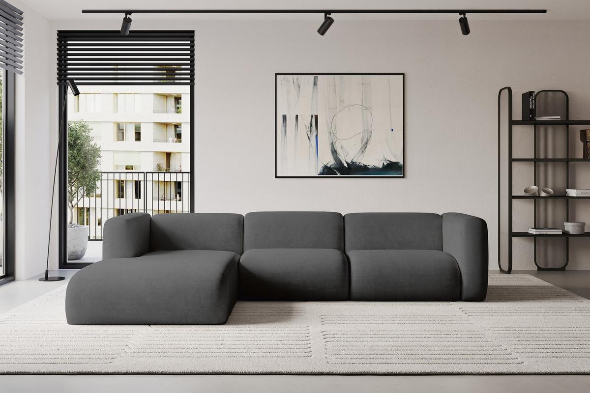 ECKSOFA Ottomane Links MIRA-L2 318x179x89 Dunkelgrau Velours - Dunkelgrau/Schwarz, Holzwerkstoff/Kunststoff (318/179cm) - ALTDECOR