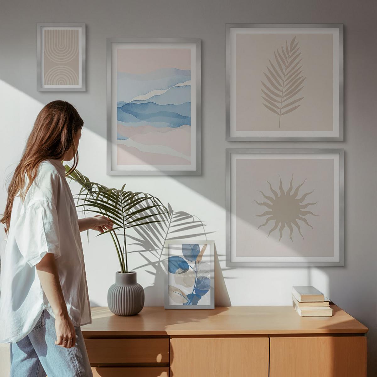 BILDER SET 5er Set - 50x50 cm & 20x30 cm & 40x60 cm Silberner Rahmen - Abstrakte Linien der Sonnenwellen - Silberfarben, Kunststoff (40/60cm) - TULUP