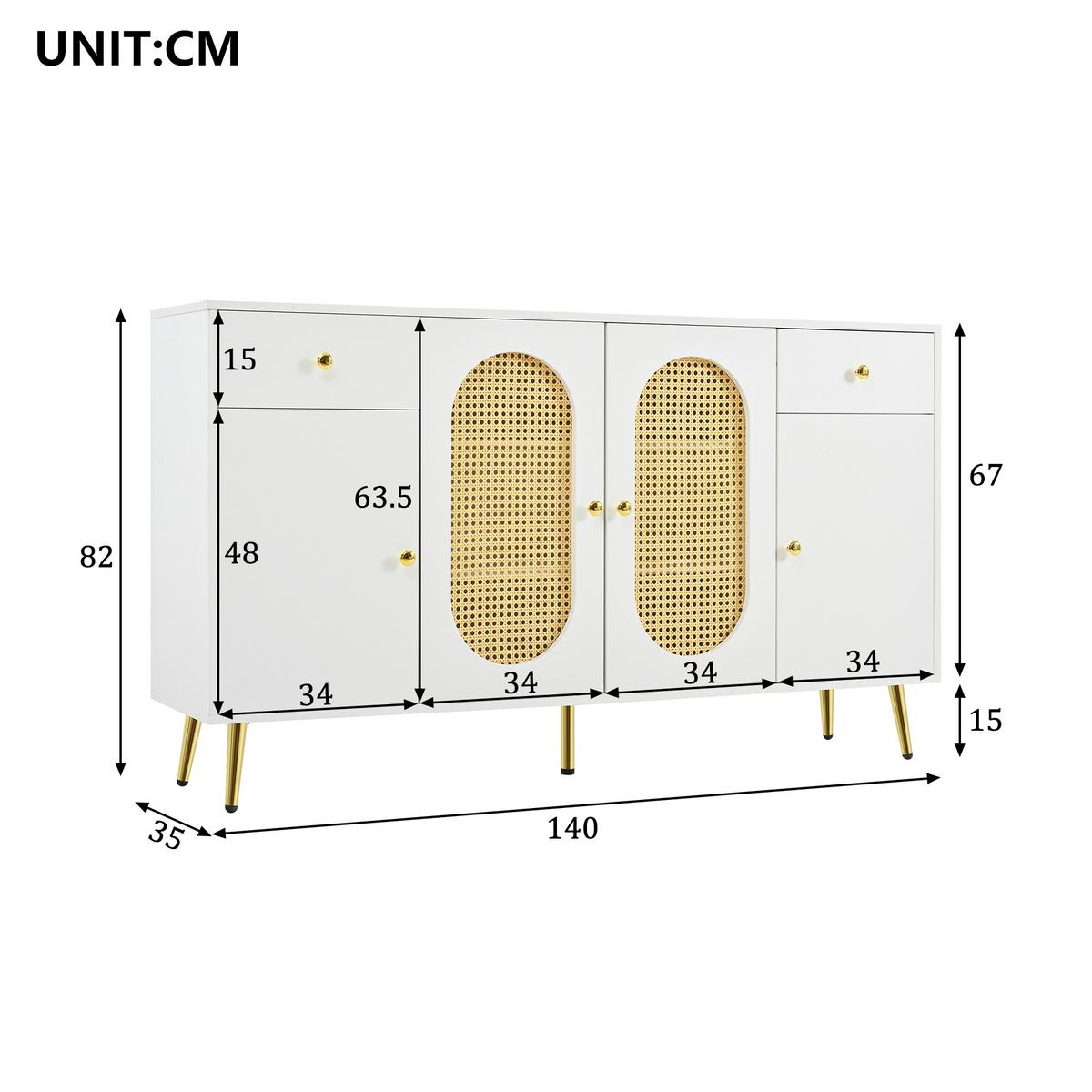 SIDEBOARD weiß rattan 140cm 4 türen 2 schubladen - Weiß, Holzwerkstoff (140/82/35cm) - Urban Meuble