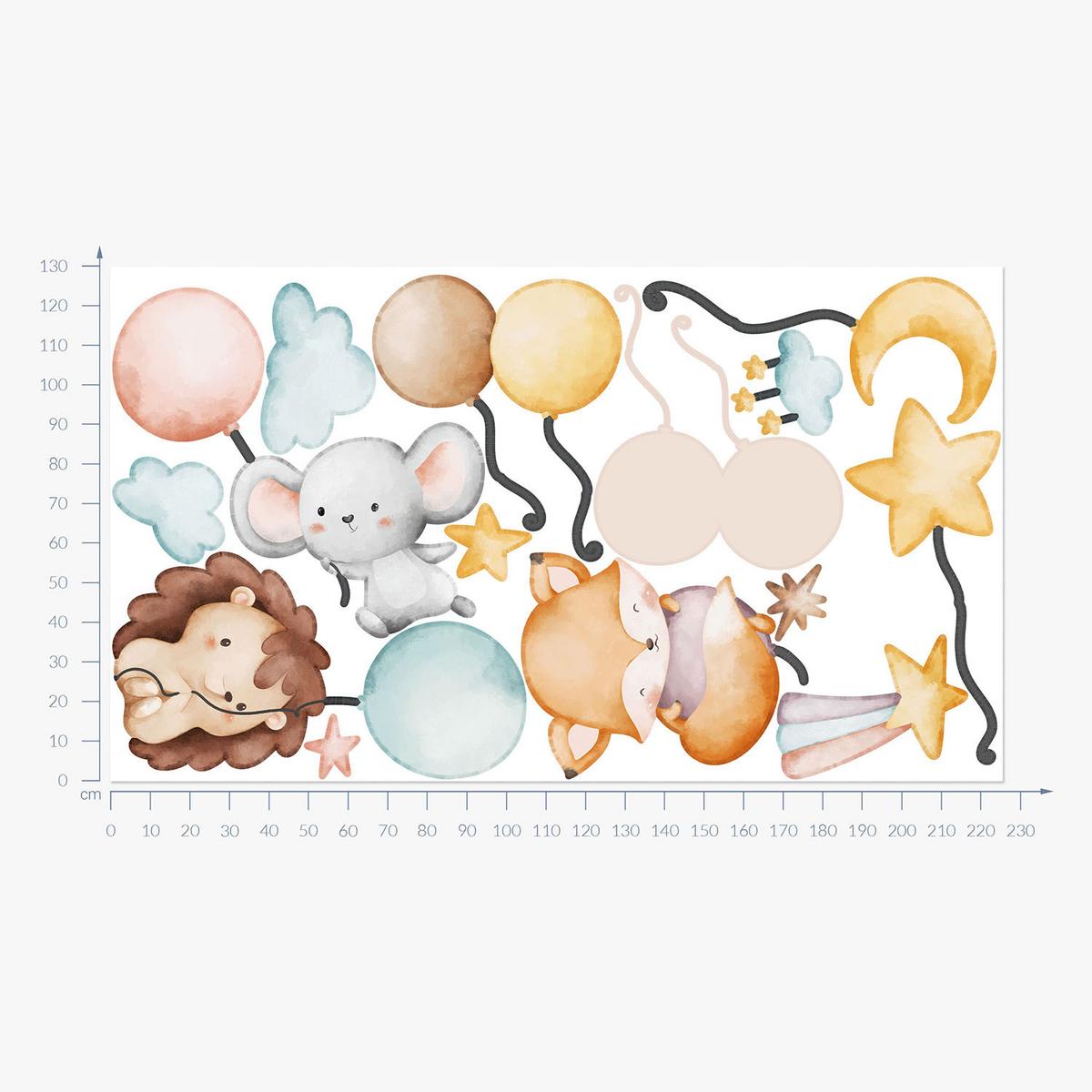 WANDAUFKLEBER 130x225cm - Tiere mit Luftballons - Multicolor, Kunststoff (130/225/0.1cm) - Wallfluent