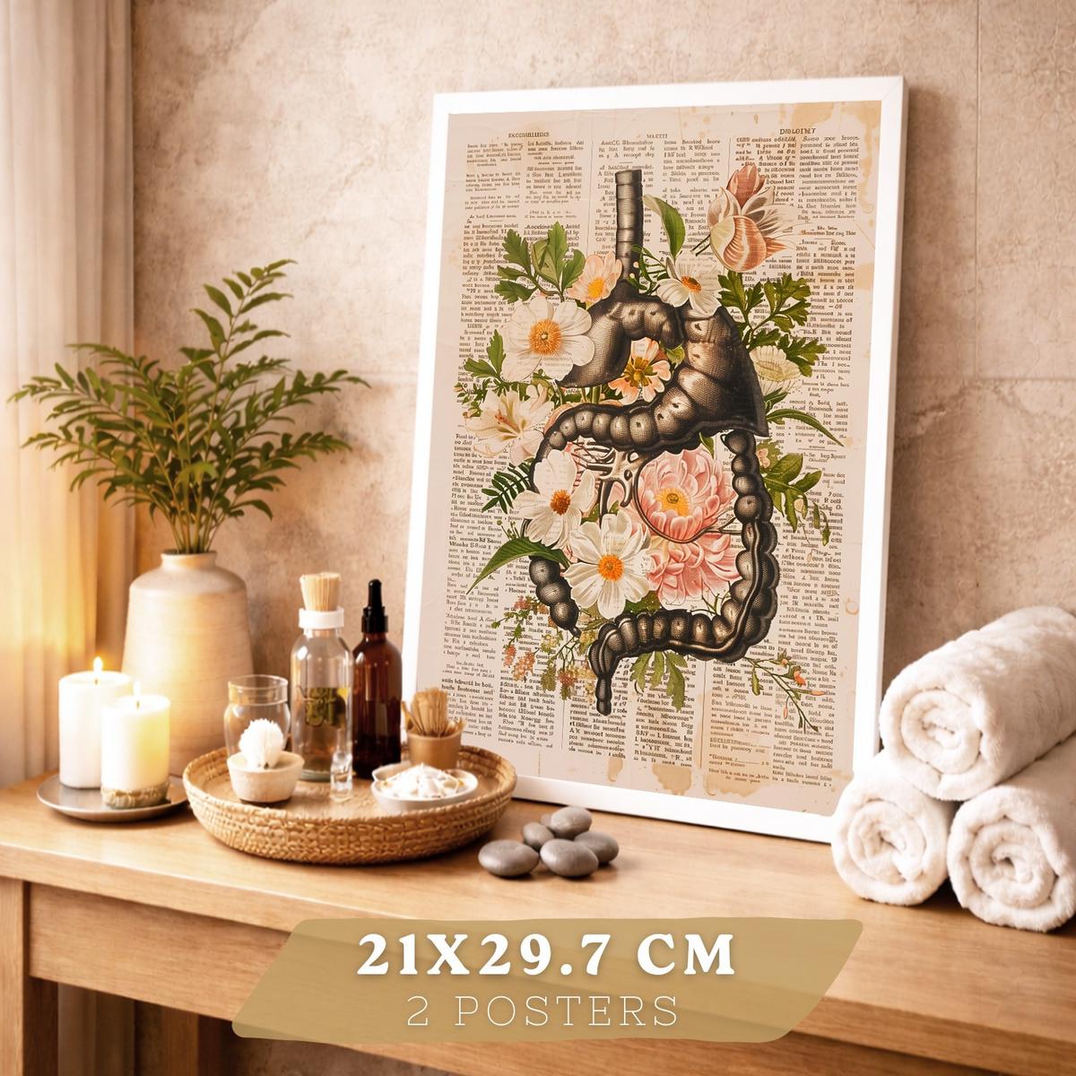 POSTER Set aus 2 Anatomie Mensch Drucke und Wandbilder mit Verdauungssystem Darm und Herz Klassisches Florales Design Größe Weißer Rahmen A4 - Weiß, Papier (21/29.7/3cm) - Nacnic