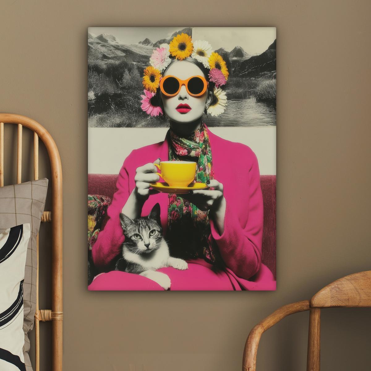 LEINWANDBILD Frau - Katze - Blumen - Tasse - Retro Wandbild Wohnzimmer 60x80 cm - Magenta, Textil (60/80cm) - MuchoWow