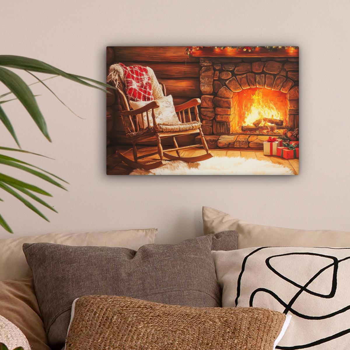 LEINWANDBILD Winter - Weihnachten - Zuhause - Kamin Deko Schlafzimmer 30x20 cm - Bernsteinfarben, Textil (30/20cm) - MuchoWow