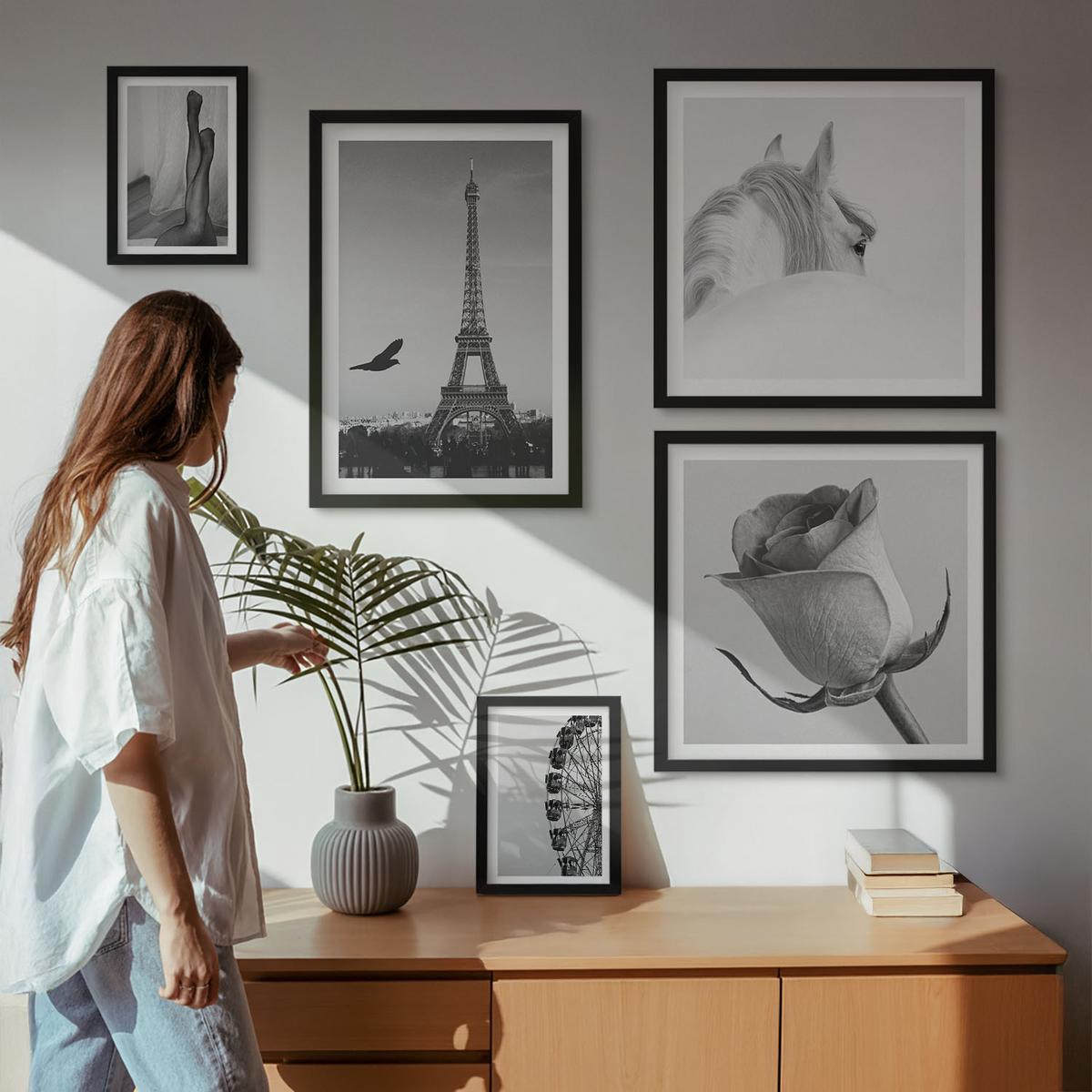 BILDER SET 5er Set - 50x50 cm & 20x30 cm & 40x60 cm Schwarzer Rahmen - Abstrakte warme Muster - Schwarz, Kunststoff (40/60cm) - TULUP