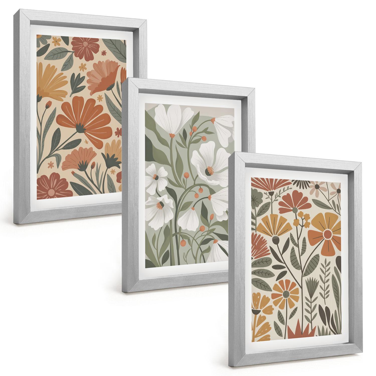 BILDER SET 3er Set - 20x30 cm Silberner Rahmen - Blumenmuster in Orange und Grün - Silberfarben, Kunststoff (20/30cm) - TULUP