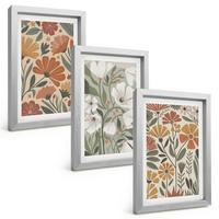 BILDER SET 3er Set - 20x30 cm Silberner Rahmen - Blumenmuster in Orange und Grün - Silberfarben, Kunststoff (20/30cm) - TULUP