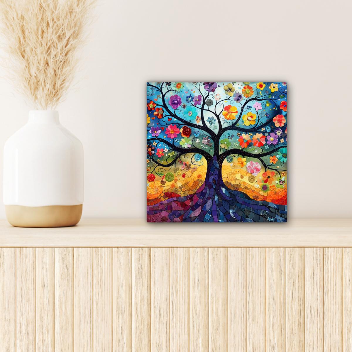 LEINWANDBILD Kunst - Baum des Lebens - Blumen - Hippie Deko Wohnzimmer 20x20 cm - Dunkelblau, Textil (20/20cm) - MuchoWow
