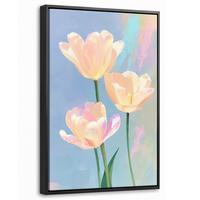 LEINWAND Bilder mit Rahmen - Tulpen - Rosa Akzente - Blau - 40x60 - Pastellblau, Textil (40/60cm) - MuchoWow