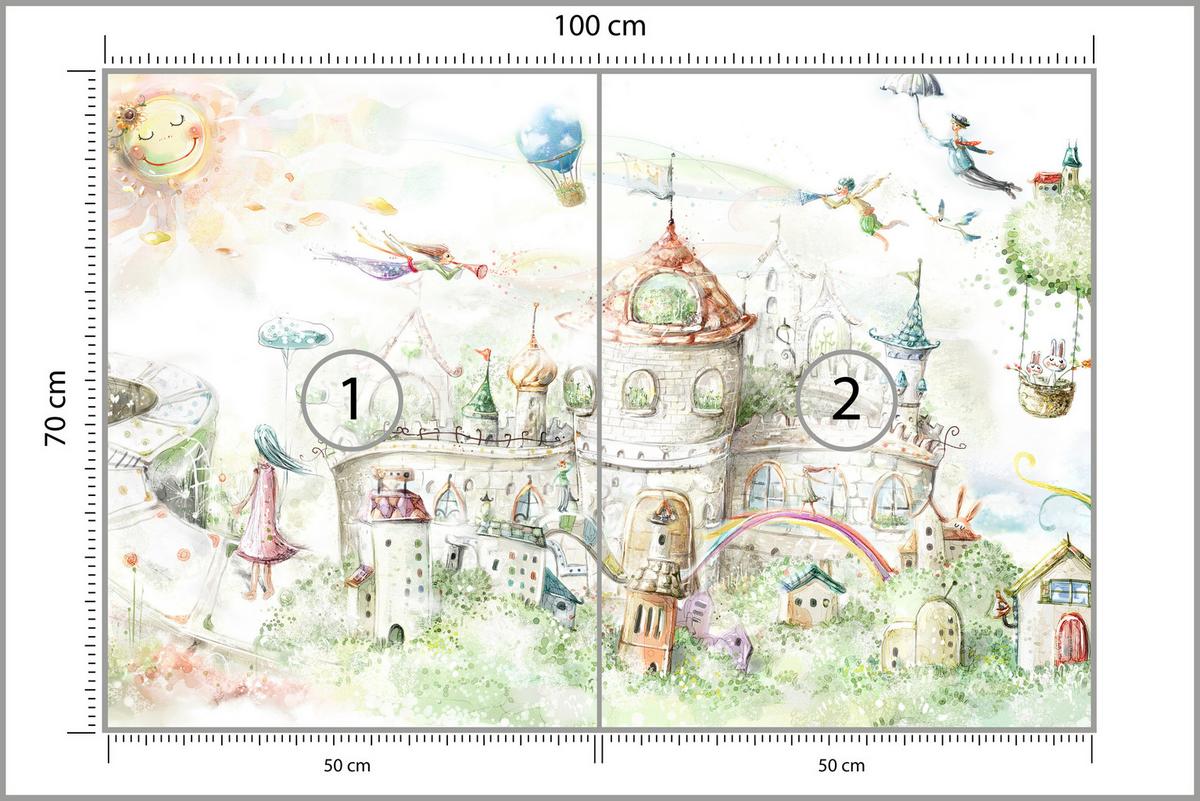 FOTOTAPETE für Kinderzimmer Märchenstadt Schloss Magisch 100x70 - Blau/Gelb, Papier (100/70cm) - Muralo