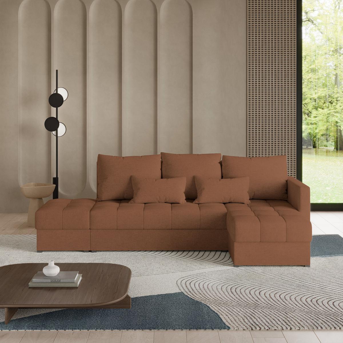 ECKSOFA LUMARI R-S Kupferfarben Plüsch-Stoff mit Schlaffunktion - Kupferfarben, Holz (262/143cm) - MASSENO