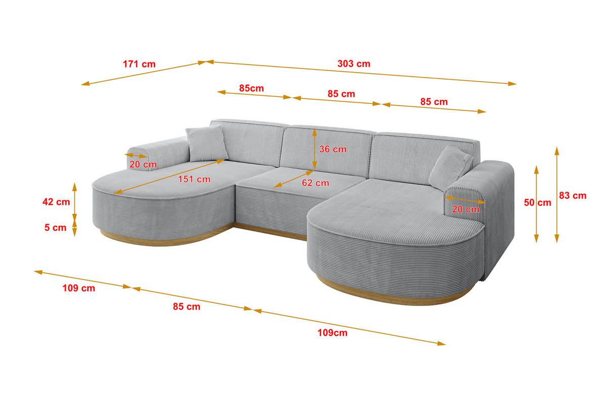 WOHNLANDSCHAFT MARI-U1-v2 - 303x171x83 cm Grau Cord - Grau, Holzwerkstoff/Textil (303/83/171cm) - ALTDECOR