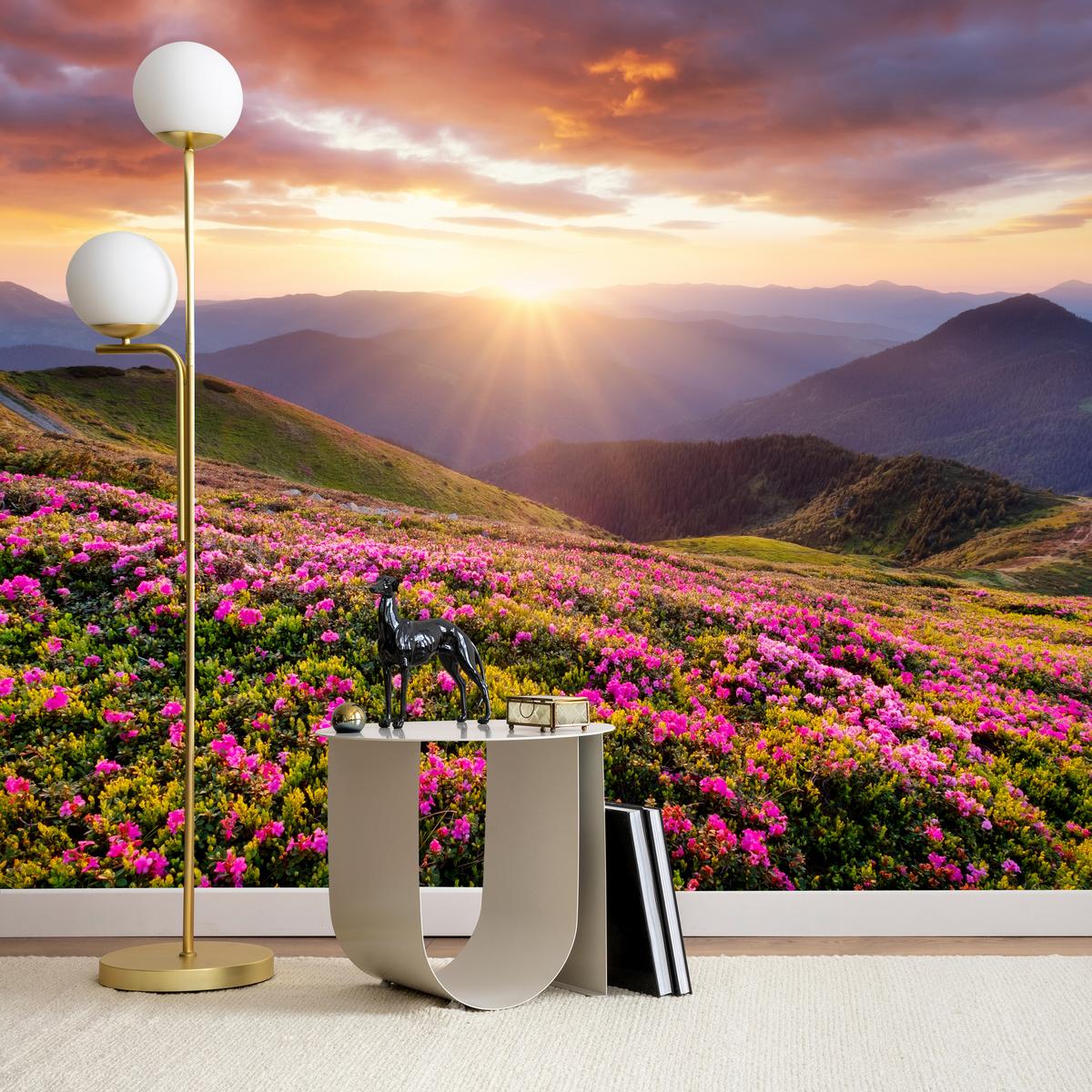 FOTOTAPETE für Wohnzimmer Sonnenuntergang Berge Wiese Blumen 400x280 - Violett/Rosa, Papier (400/280cm) - Muralo
