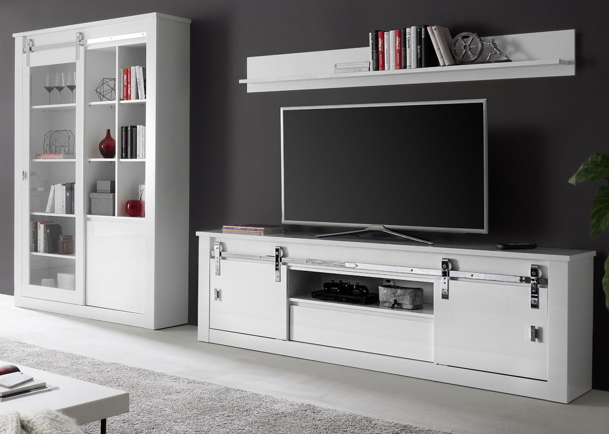 WOHNWAND weiß Hochglanz 349 cm 3-teilig, Wohnkombination mit Soft-Close - Chromfarben/Weiß Hochglanz, Glas/Holzwerkstoff (349/201/43cm) - Furn.Design