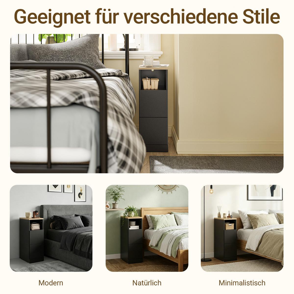 NACHTTISCH schmal mit 2 Schubladen, 20x35x60cm Schwarz - Ahornfarben, Fell (35/60/20cm) - SoBuy