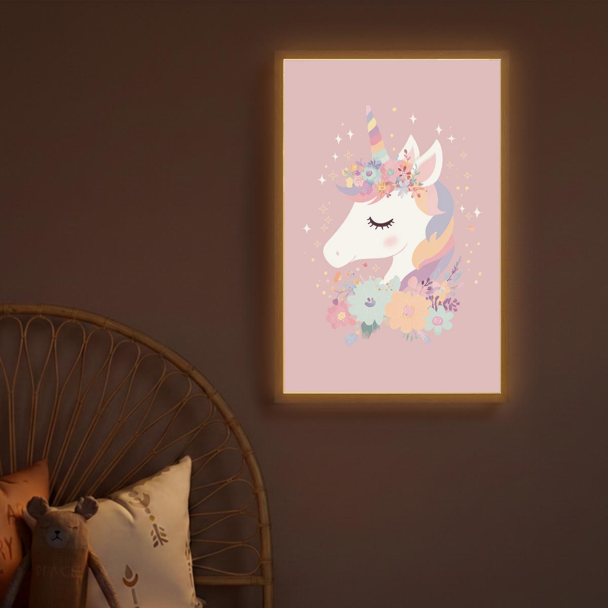 WANDLEUCHTE MIT AKKU Einhorn - Rosa - Blumen 40x60 cm - Rosa, Holzwerkstoff (40/60/8cm) - OnlyWow