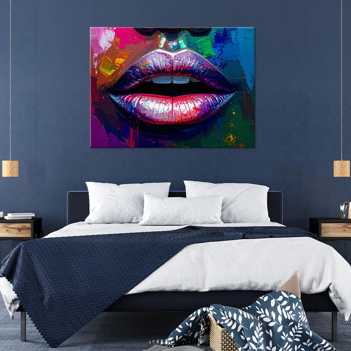 LEINWANDBILD Buntes Gesicht Lippen Frauen Abstrakt 90x60cm - Multicolor, Textil (90/60cm) - Feeby