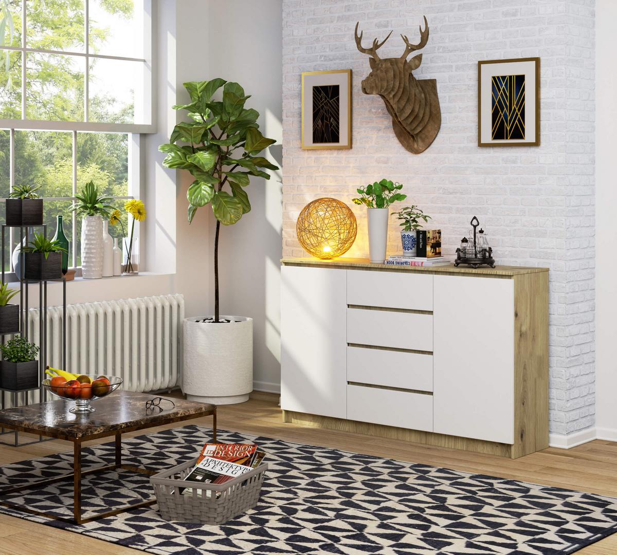 KOMMODE Eiche Artisan, Weiß 99/160/40 - Eiche Artisan/Weiß, Holzwerkstoff (160/99/40cm) - RAUMHIRSCH FURNITURE