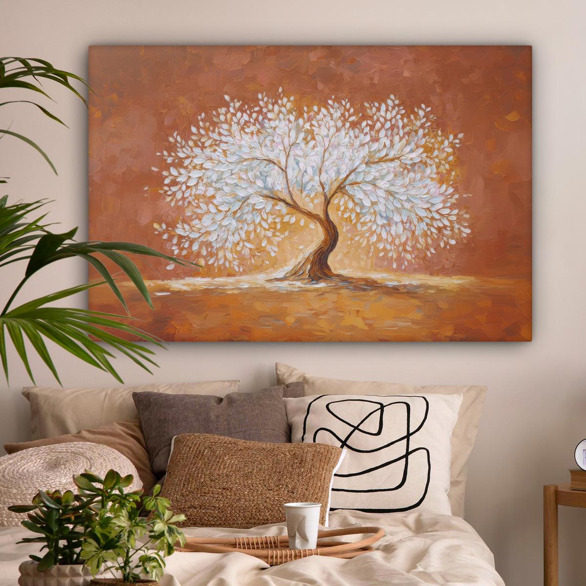 LEINWANDBILD Abstrakt - Baum - Weiß - Blätter Wohnzimmer Groß 120x80 cm - Braun, Textil (120/80cm) - MuchoWow